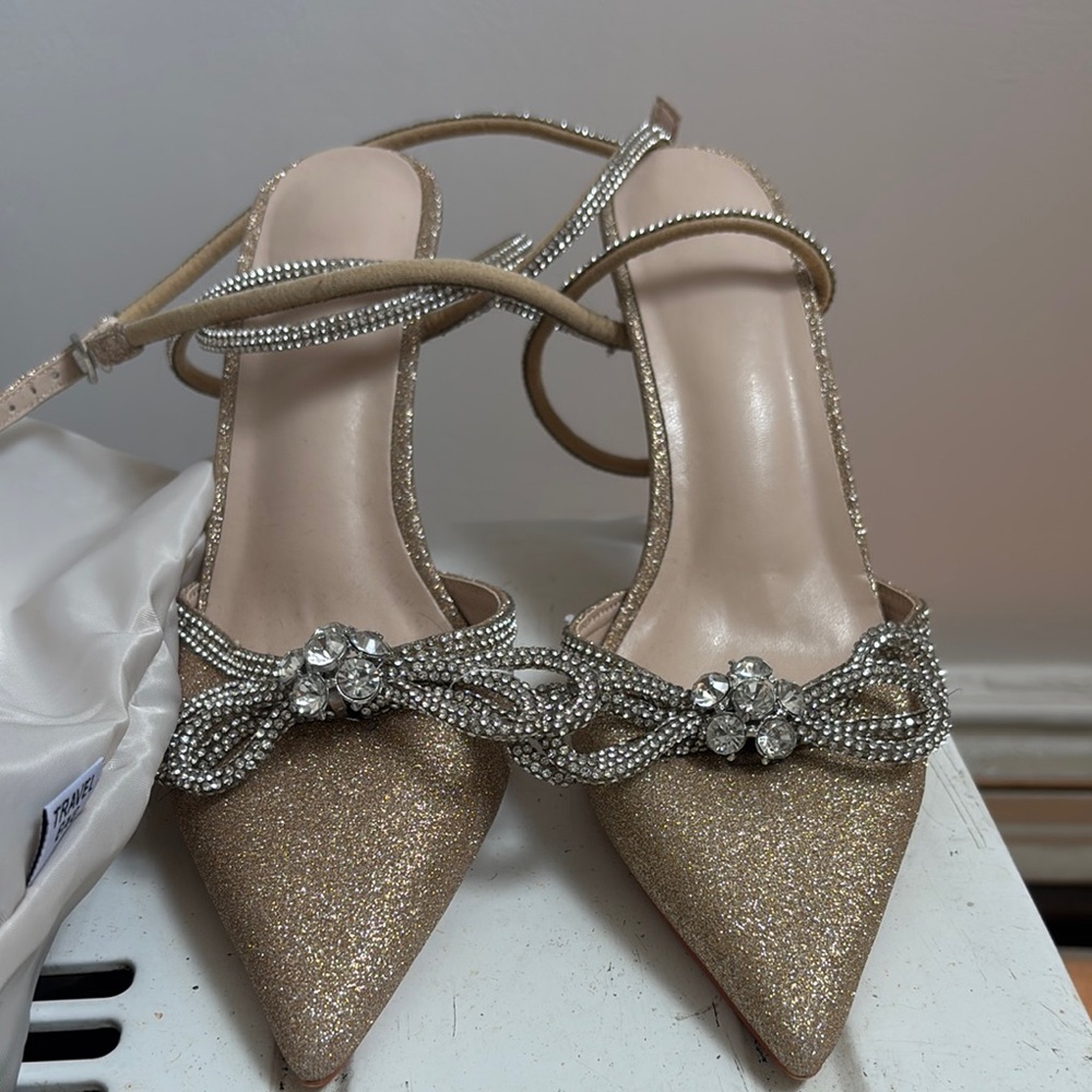 Gold and Silver Kitten Heel Heels with Rhinestone Bow